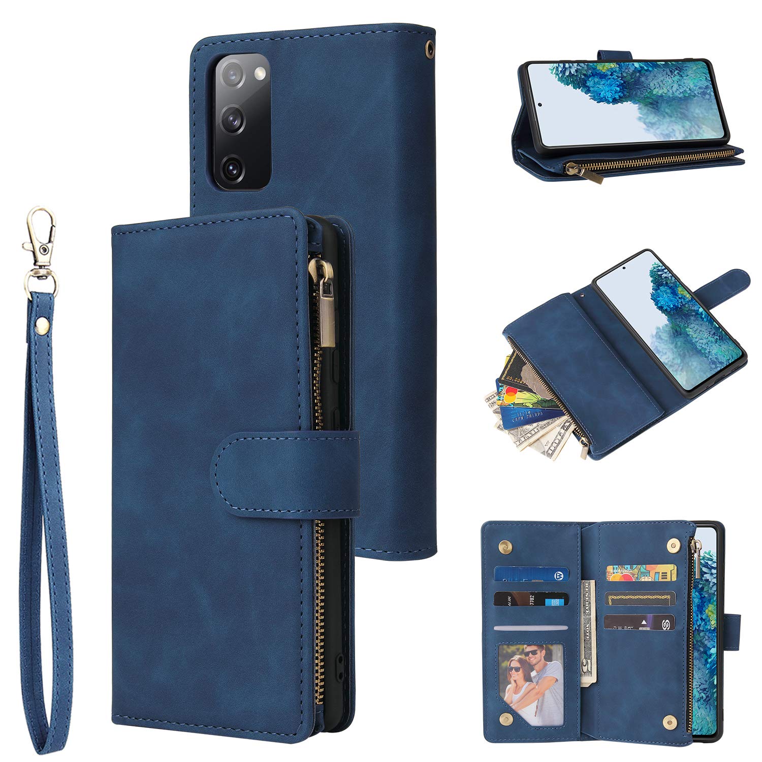 UEEBAI Wallet Case for Samsung Galaxy S20 FE, Premium PU Leather Case Magnetic Closure Handbag Zipper Pocket Case Kickstand 6 Card Slots Shockproof Flip Cover - Blue