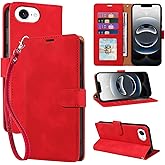 JHWVVTF for iPhone 16e Wallet Case, RFID Blocking 4 Card Slots Holder Cover for iPhone 16e 2025 6.1 Inches, Wrist Strap, Shockproof Protective Stand Leather Folio Flip Cases (Red)