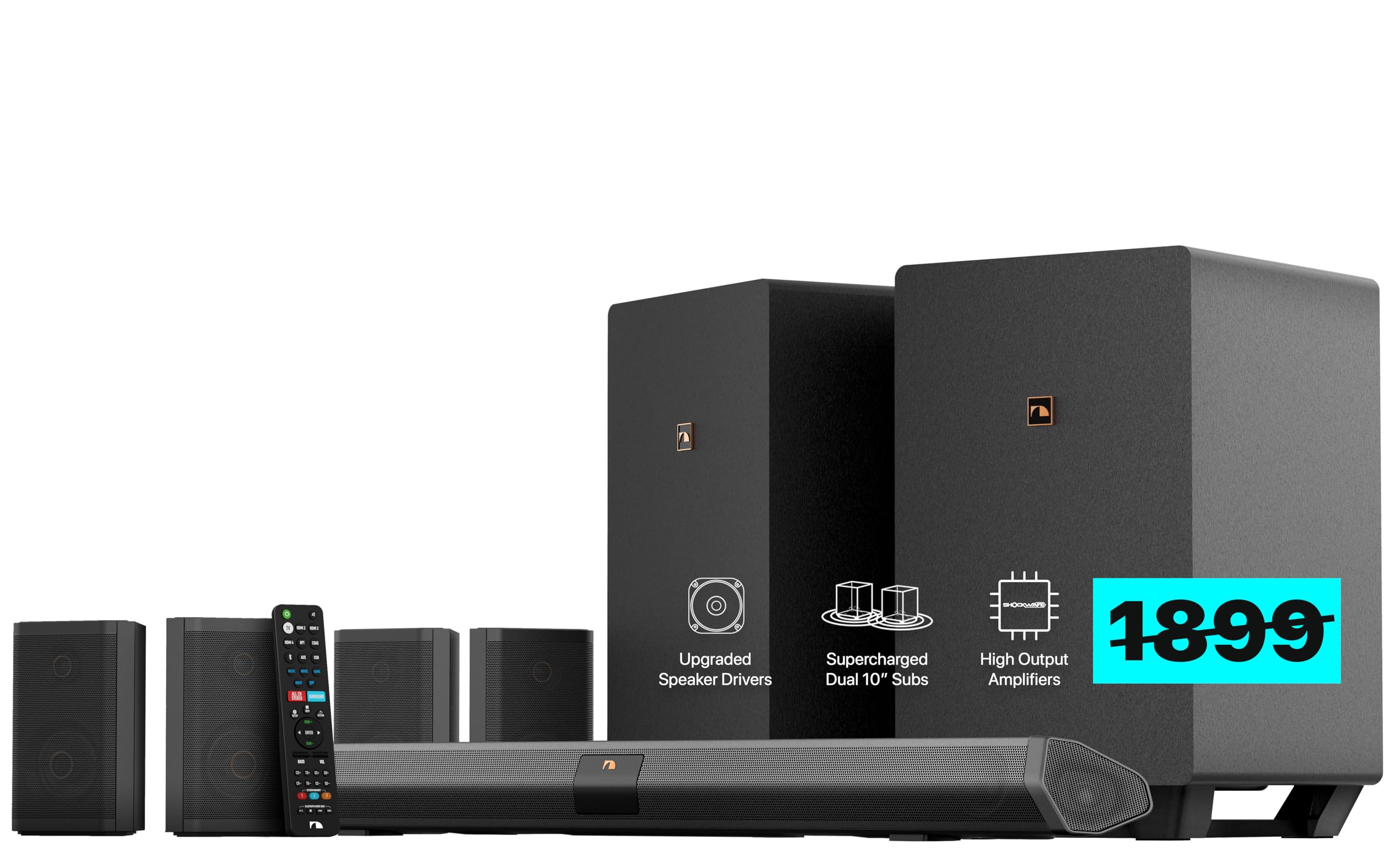Nakamichi Shockwafe Ultra Sistema de barra de sonido de 9.2.4 canales con Dolby Atmos/DTS:X, subwoofers duales de 10, 4 parlantes envolventes traseros, potencia de salida máxima de 1300 vatios