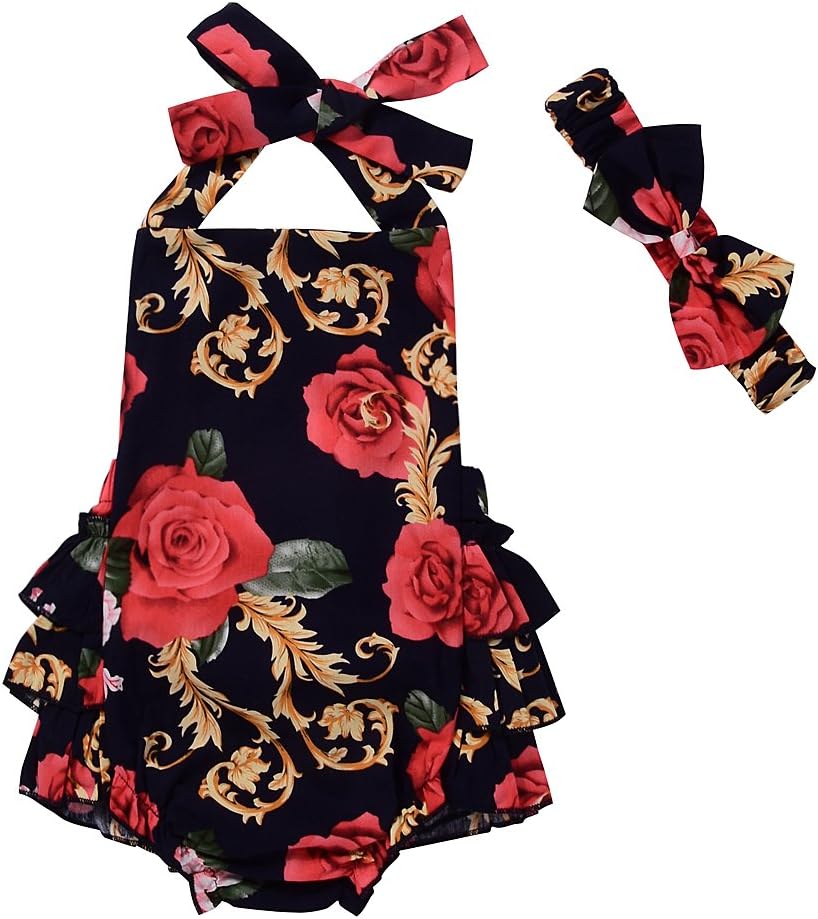 Newborn Baby Girls Clothes Floral Ruffle Halter Romper Jumpsuit Summmer Dress Sunsuit with Headband