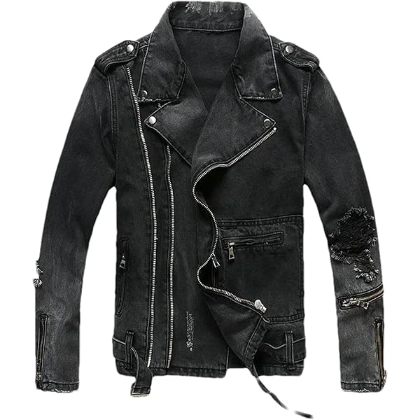 Men's Denim Biker Jacket，Vintage Black Gray Spliced Ripped Hip