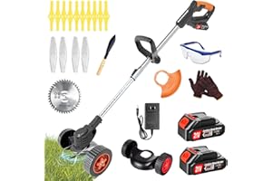 NINUPDDG Electric Weed Wacker Cordless Eater Battery Powered, 21V Lightweight Stringless Grass Trimmer/Edger/Brush Cutter, 3 in 1 Weed Trimmer with 2 Battery Operated and Wheels for Yard and Garden