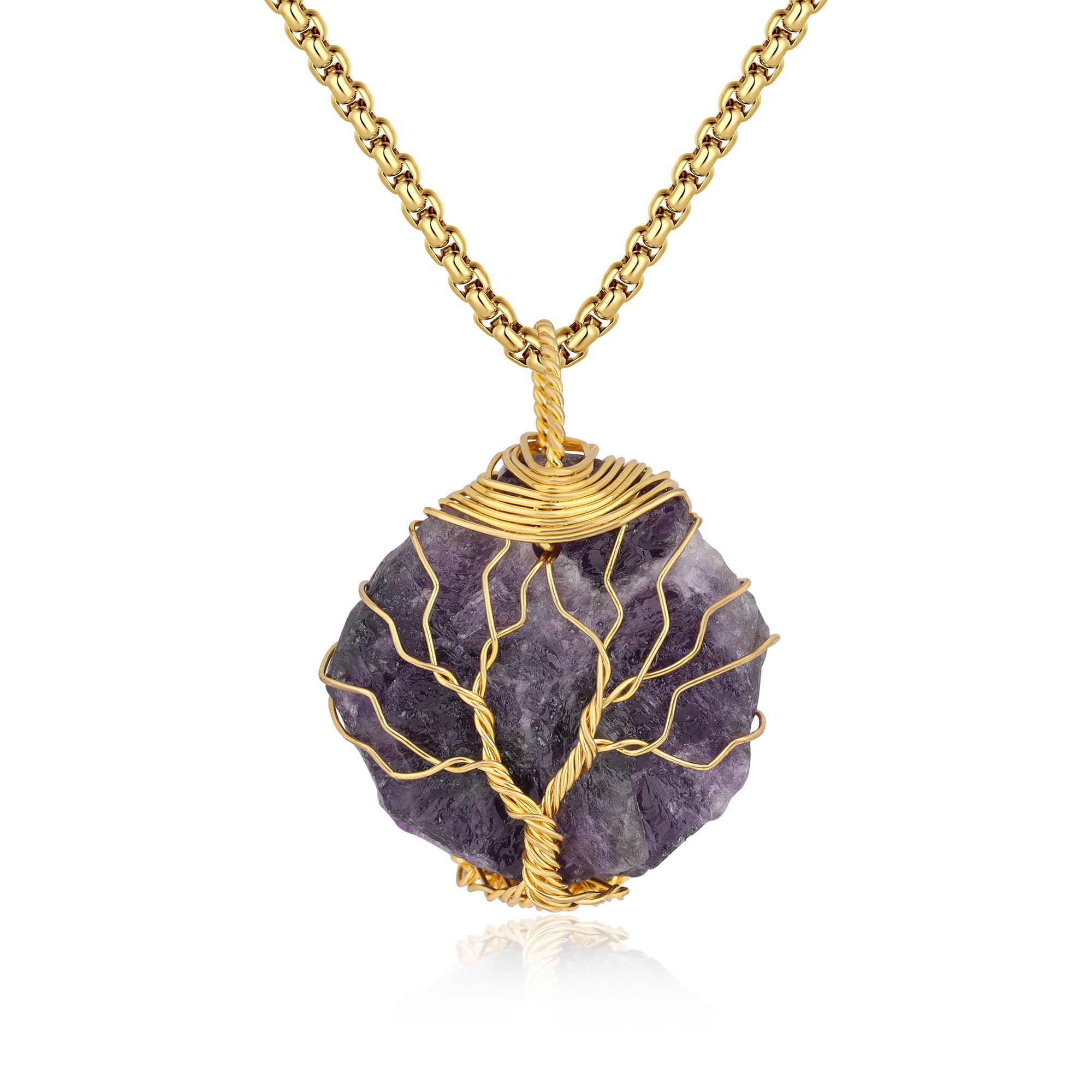 coai Tree of Life Raw Amethyst Stone Pendant Long Necklace for Women