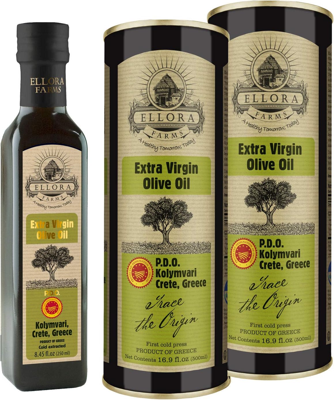 Ellora Farms | Single Estate"PDO" Extra Virgin Olive Oil | First Cold pressed and Traceable | Combo pack as shown | 2 x 16.9 oz. Tins & 8.45 oz.bottle | Pack of 3