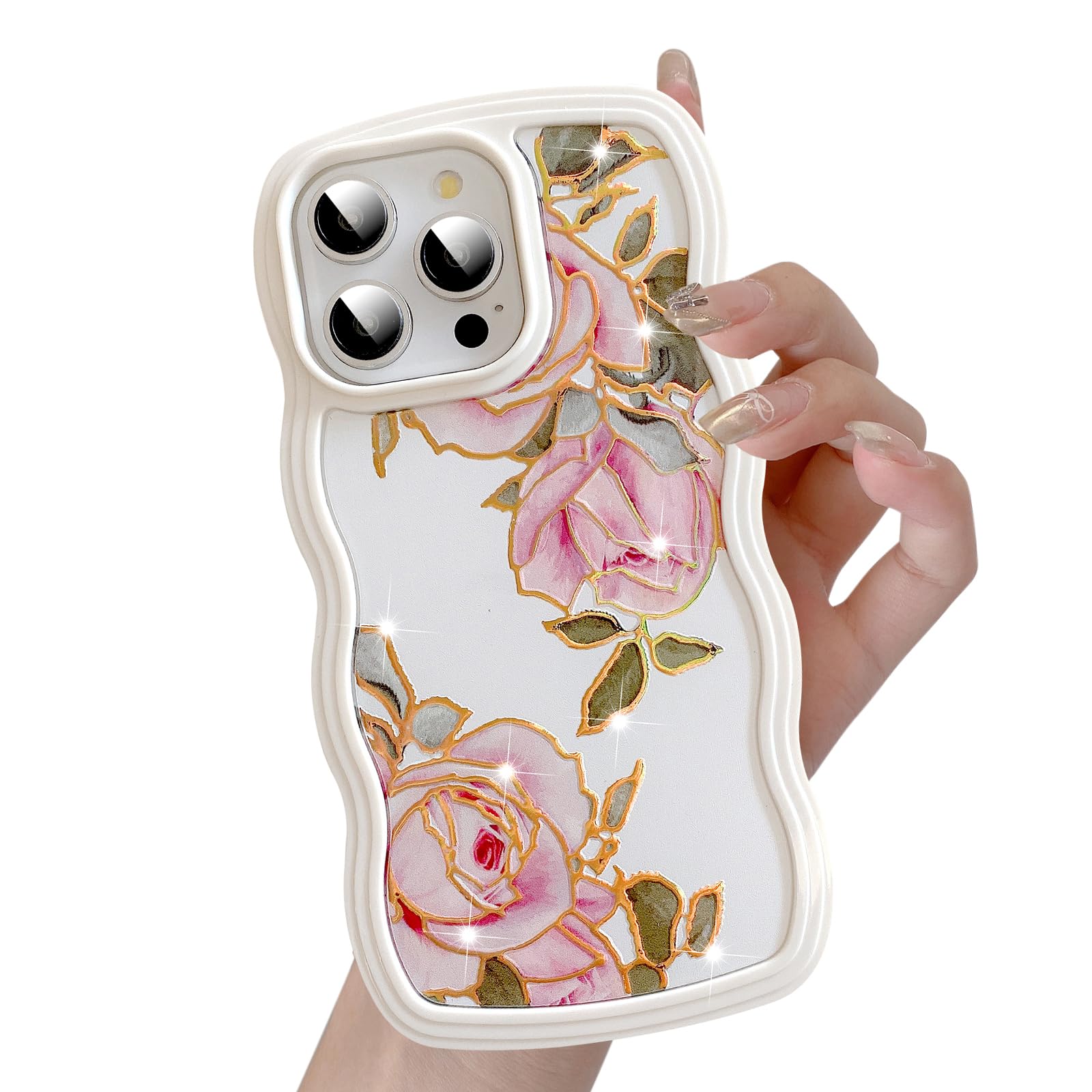 UEEBAI for iPhone 15 Pro Max Case, Floral Wave Frame Cute Curly Anti-slip Flower Case with Aesthetic Pattern, TPU Slim Bumper Shockproof Protective Cover for Women Girls - Pink Rose