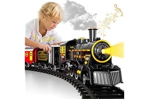 DOLOOWEE Christmas Train ElectricTrain Set with Retro Classic Steam Engine Wagon and Long Tracks, Battery Powered Train Playset with Smoke Lights and Sounds for Boys and Girls 3 5 6 7 Years Old