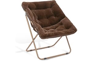 Athena Collection Saucer Chair for Adult, Square Comfy Cozy Chair Folding Chair Faux Fur Metal Frame Foldable Reading Chair Accent Chair for Bed Room Living Room, Brown