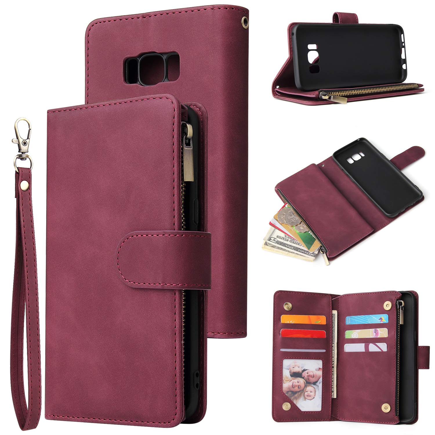 UEEBAI Wallet Case for Samsung Galaxy S8, Premium Vintage PU Leather Magnetic Closure Handbag Zipper Pocket Case Kickstand Card Holder Slots with Wrist Strap TPU Shockproof Flip Cover - Wine Red
