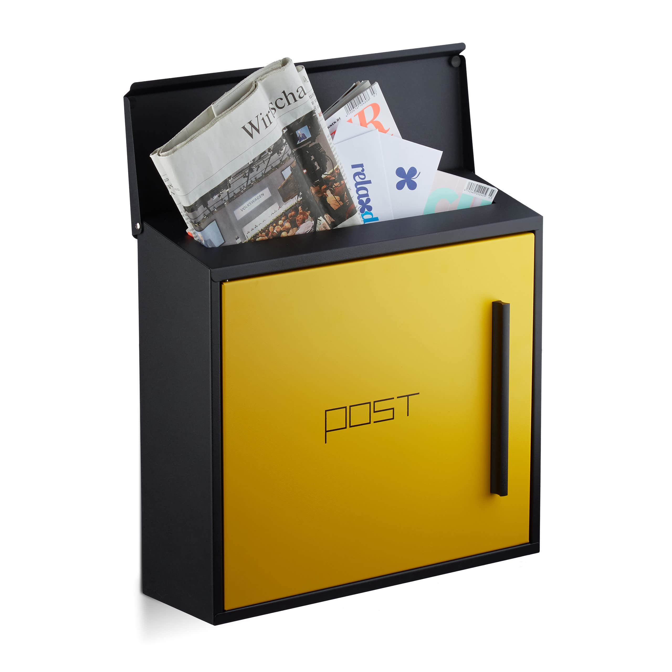Relaxdays Modern Letterbox in 2-Colour Design, DIN-A4 Slot, Steel, Large, HxWxD: 33 x 35 x 12.5 cm, Black-Yellow, 12.5 x 35 x 33 cm