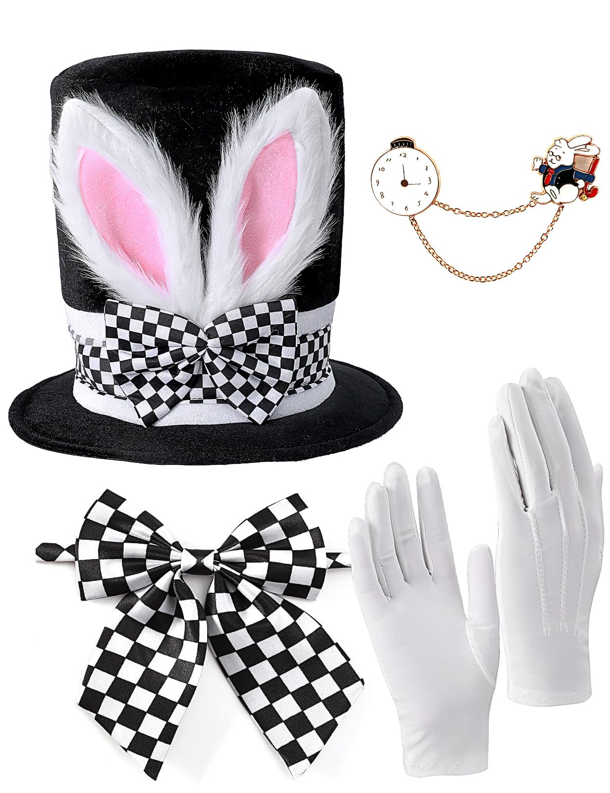COSAVOROCK Easter Bunny Costume Accessory Set 4 Pcs White Rabbit Ear Top Hat with White Rabbit Pin Gloves and Bowtie Adult