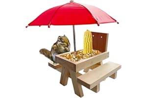 MOODTALK Squirrel Feeder, Outdoor Squirrel Picnic Table Feeder with Parasol, Brown Squirrel Feeder with Corn cob Holder, Outdoor Fun Chipmunk Feeder