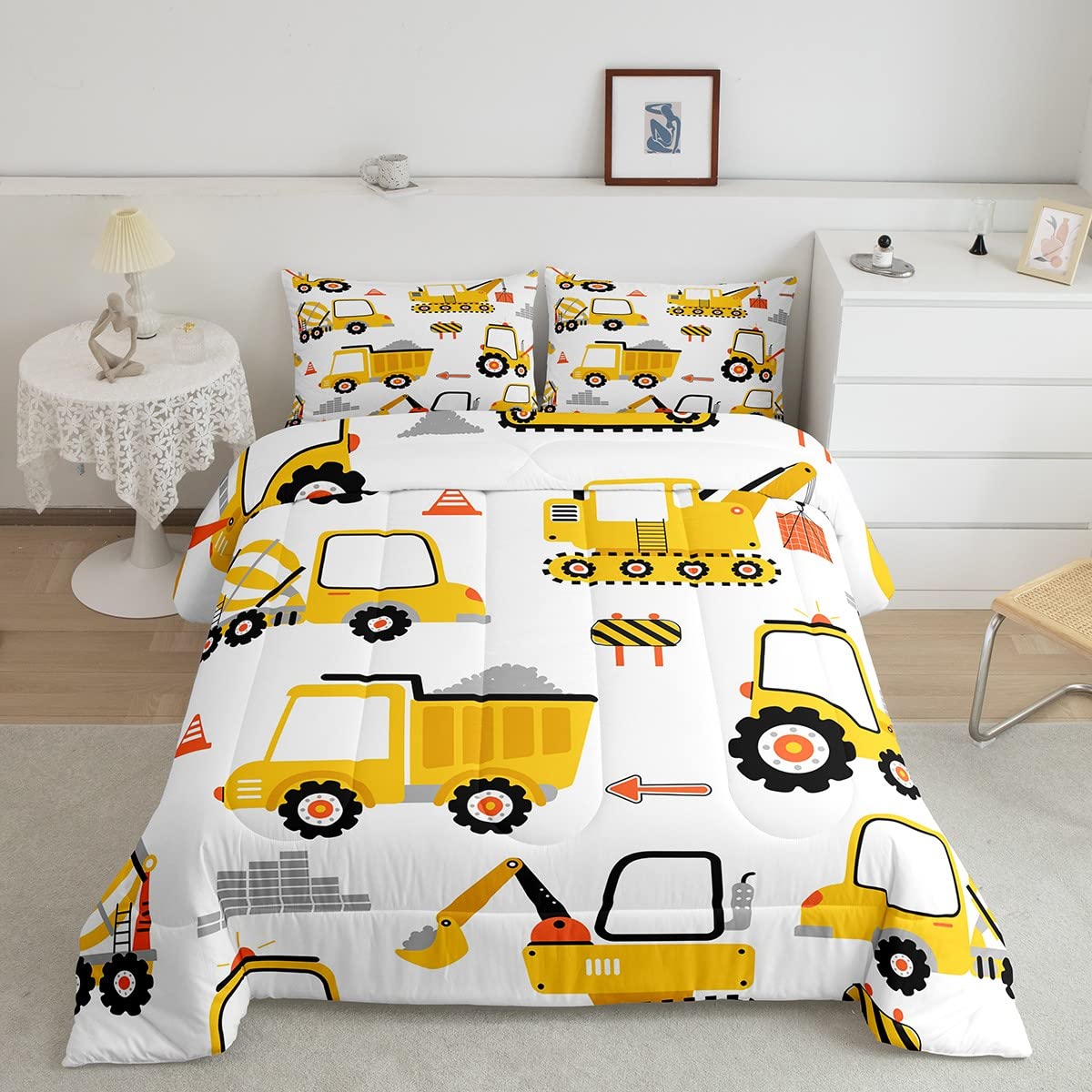 Photo 1 of Feelyou Cartoon Car Comforter Set Kids Construction Comforter for Boys Equipment Trucks Bedding Set Breathable Cartoon Yellow Car Excavator Tractor Duvet Set Room Decor Twin Size with 1 Pillow Case