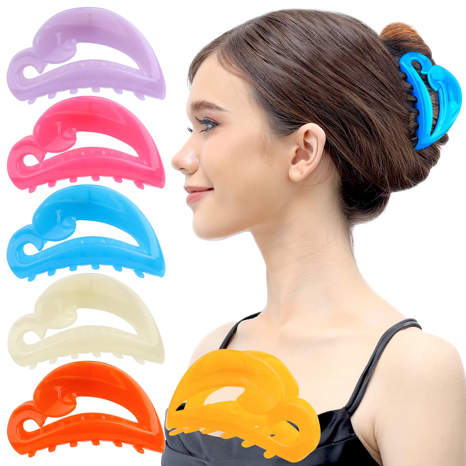RC ROCHE ORNAMENT 6 Pcs Womens Hair Clips Claws Jaw French Barrette Clutcher Interlocking Teeth Strong Hold No Slip Grip Clasp Clamp Minimal Beauty Fashion Accessory, Large Jelly Sweet Multicolor