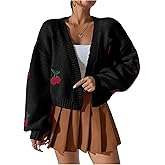 GORGLITTER Women's Cherry Cropped Cardigan Sweaters Open Front Long Sleeve Cute Chunky Knit Short Cardigan Trendy
