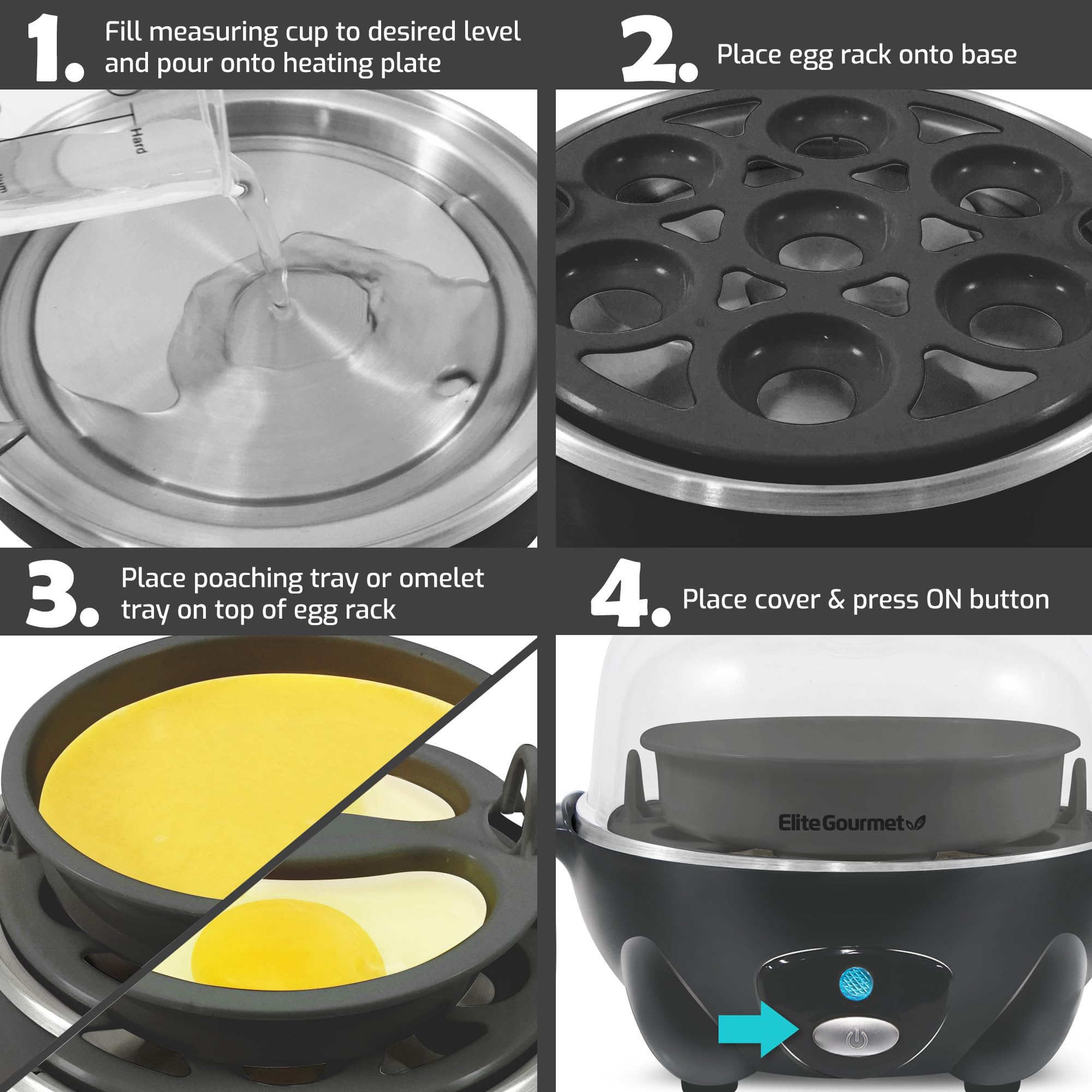 Elite Gourmet EGC700DKG# Rapid Egg Cooker, 7 Easy-To-Peel, Hard, Medium, Soft Boiled Eggs, Poacher, Omelet Maker, Auto Shut-Off, Alarm, 16-Recipe Booklet, BPA-Free, Shadow