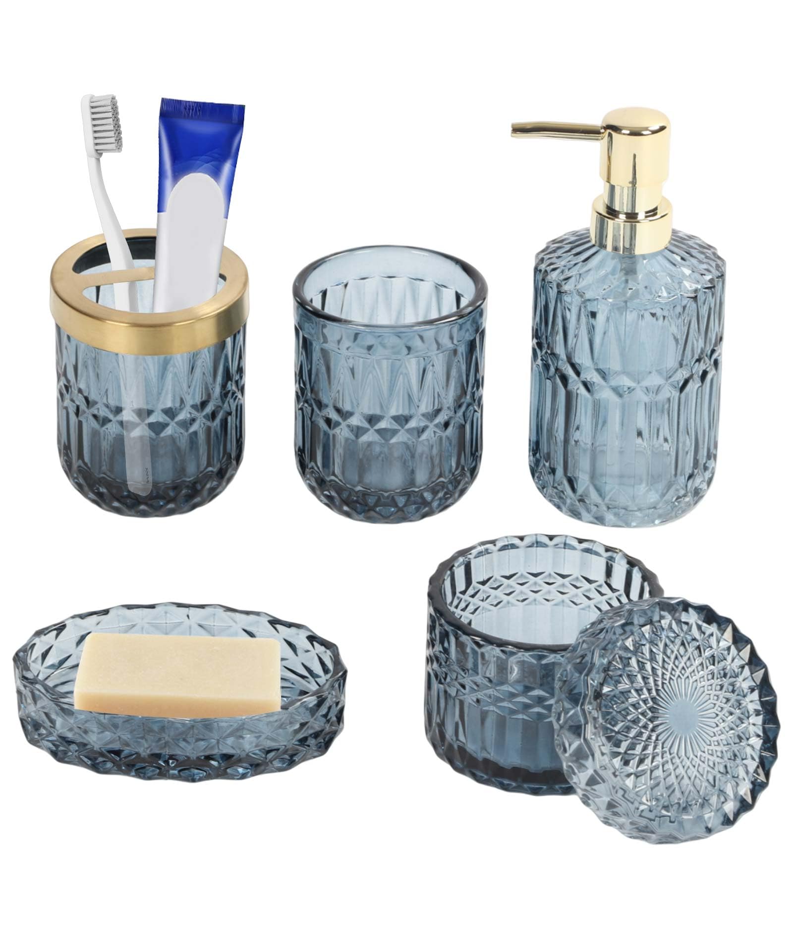 Glass Bathroom Accessories Set, 5Pcs Bathroom Decor Accessories Complete Set Includes Lotion Dispenser, Soap Dish, Toothbrush Holder, Mouthwash Cup, Cotton Swab Jar Modern Bathroom Decor Gift, Navy