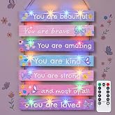 FIOBEE Girls Room Decor LED Light Wood Wall Motivational Sign Art for Kids | Bedroom Wall Art Decor, Inspirational Sayings, 8 Modes Glowing Lightup, Princess Posters, Studyroom Decoration