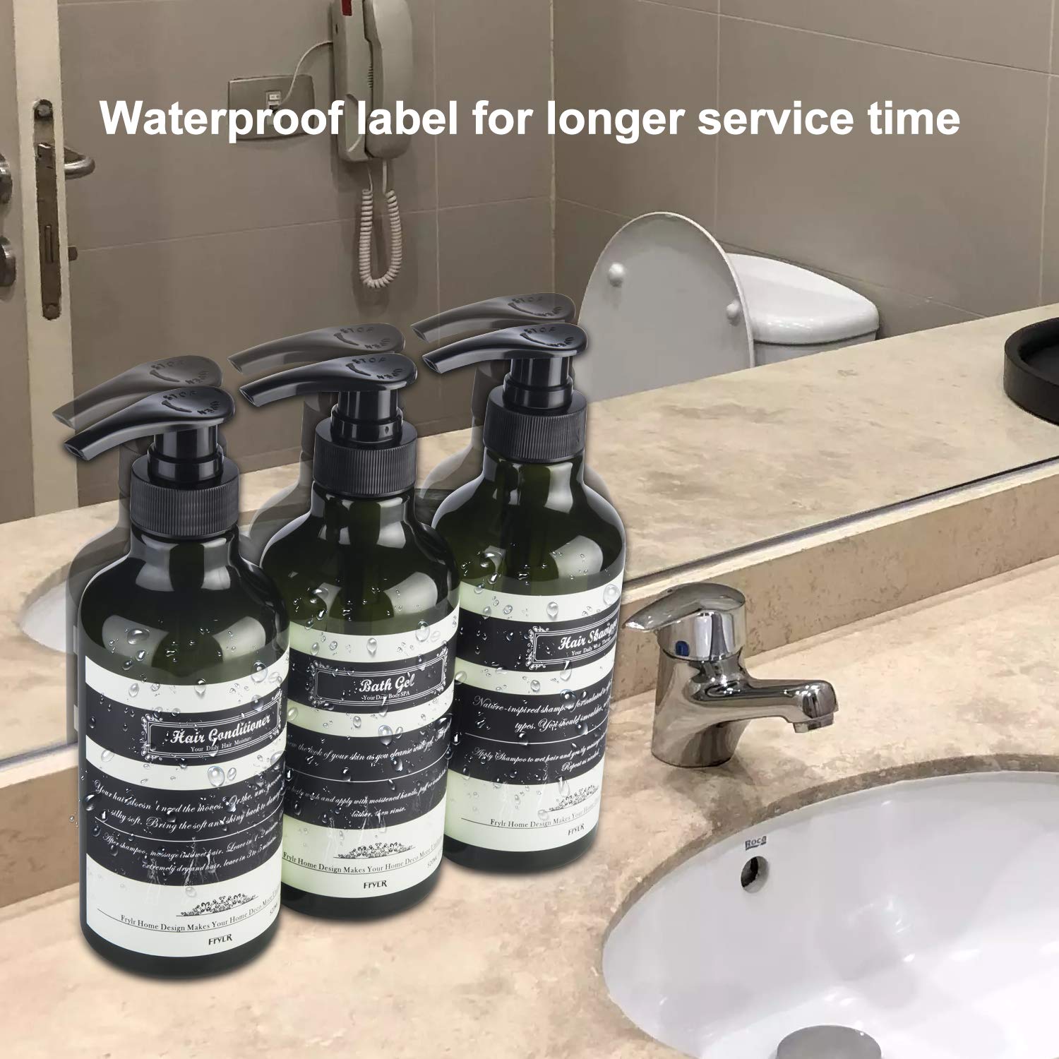 Frylr 3-Chamber Soap Dispenser (17.5 Oz) PET Plastic Bottles Water Resistant Sticker Without Drilling Wall Mount Shower Pump Dark Green Refillable Drip-Free