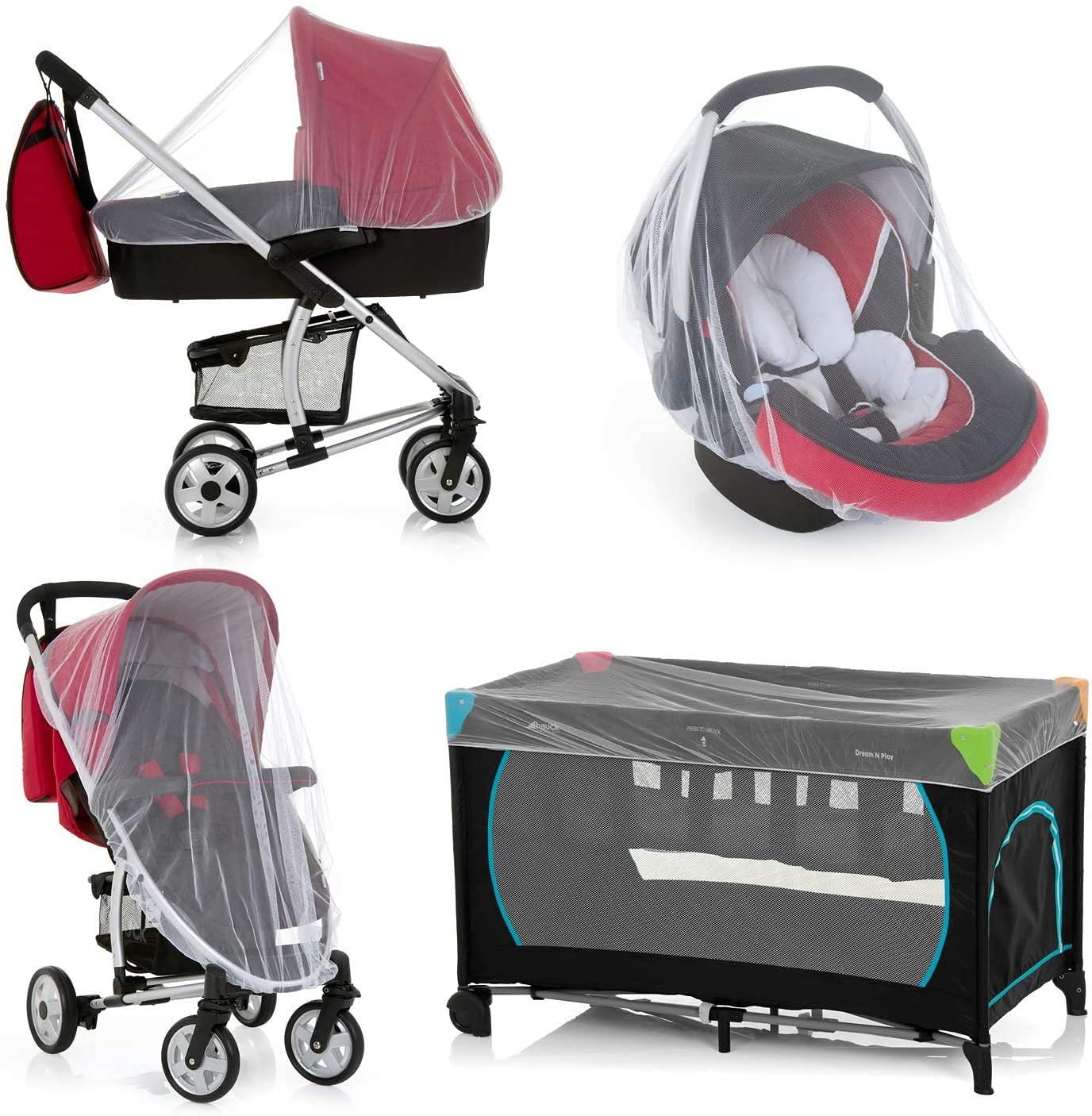 2 x Mosquito Net, Mosquito Net Baby Trolley (2 pcs) Universal Mosquito Net, Universal Anti-Insect Net for Carrycot, Protection with Elastic Rubber and Washable, White