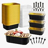 OBXMLFY mini loaf pans with lids and spoons 50 Pack,5.5 oz Rectangle mini individual cake tins Disposable Small Aluminum Foil Baking pans (50, Black)