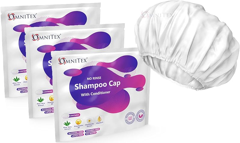 Omnitex Premium Rinse Free Shampoo Cap Microwaveable with Conditioner 3 Pack