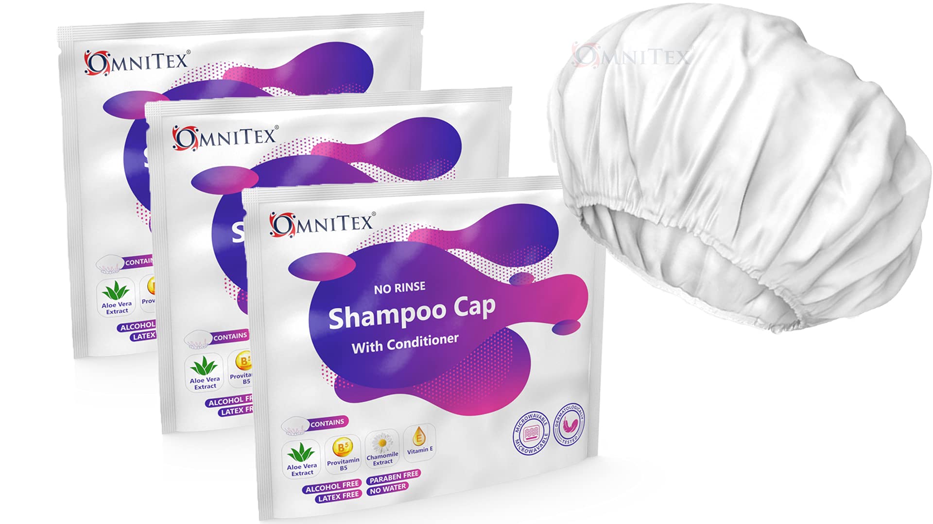 Omnitex Premium Rinse Free Shampoo Cap - Microwaveable | With Conditioner & Vitamins | Nourish & Protect with Herbal Extracts & Barrier Cream | No Water, No Parabens, Latex, Alcohol Free (Pack 3)