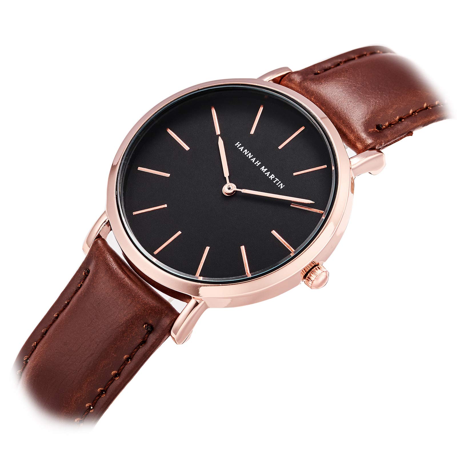 Hannah Martin Ultra Thin Leather Band Waterproof Quartz Women's Wrist Watch (Brown)