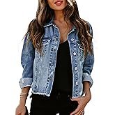Sidefeel Women's Denim Jacket Long Sleeve Button Distressed Ripped Zimbaplatinum Jean Coat