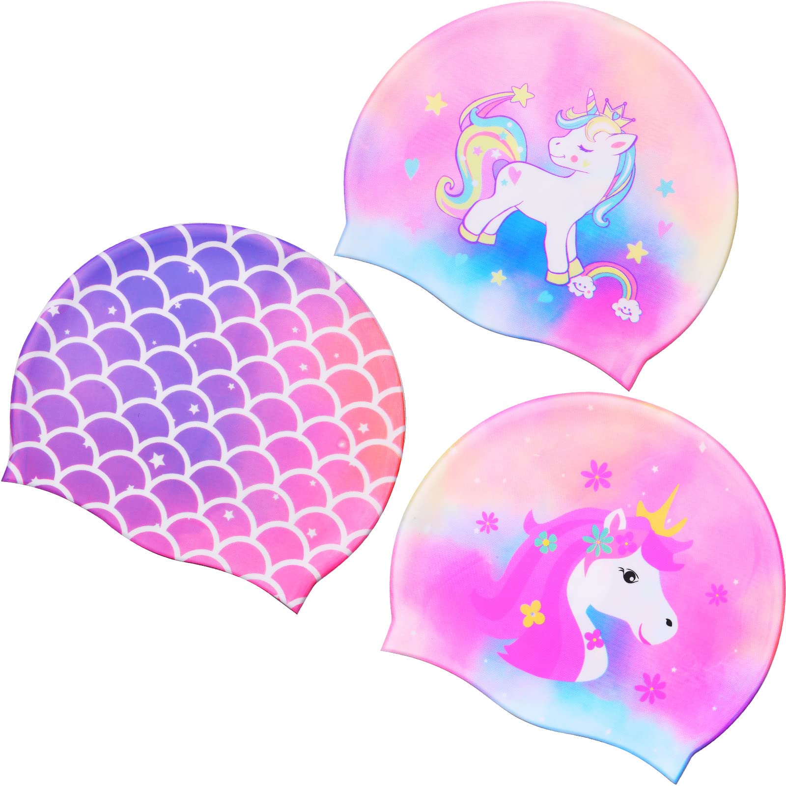 Photo 1 of Syhood 3 Pcs Kids Swim Caps Baby Waterproof Bathing Caps Children Cartoon Swimming Hat for Long Short Hair Kids Boys Girls (Bright Color,Unicorn)