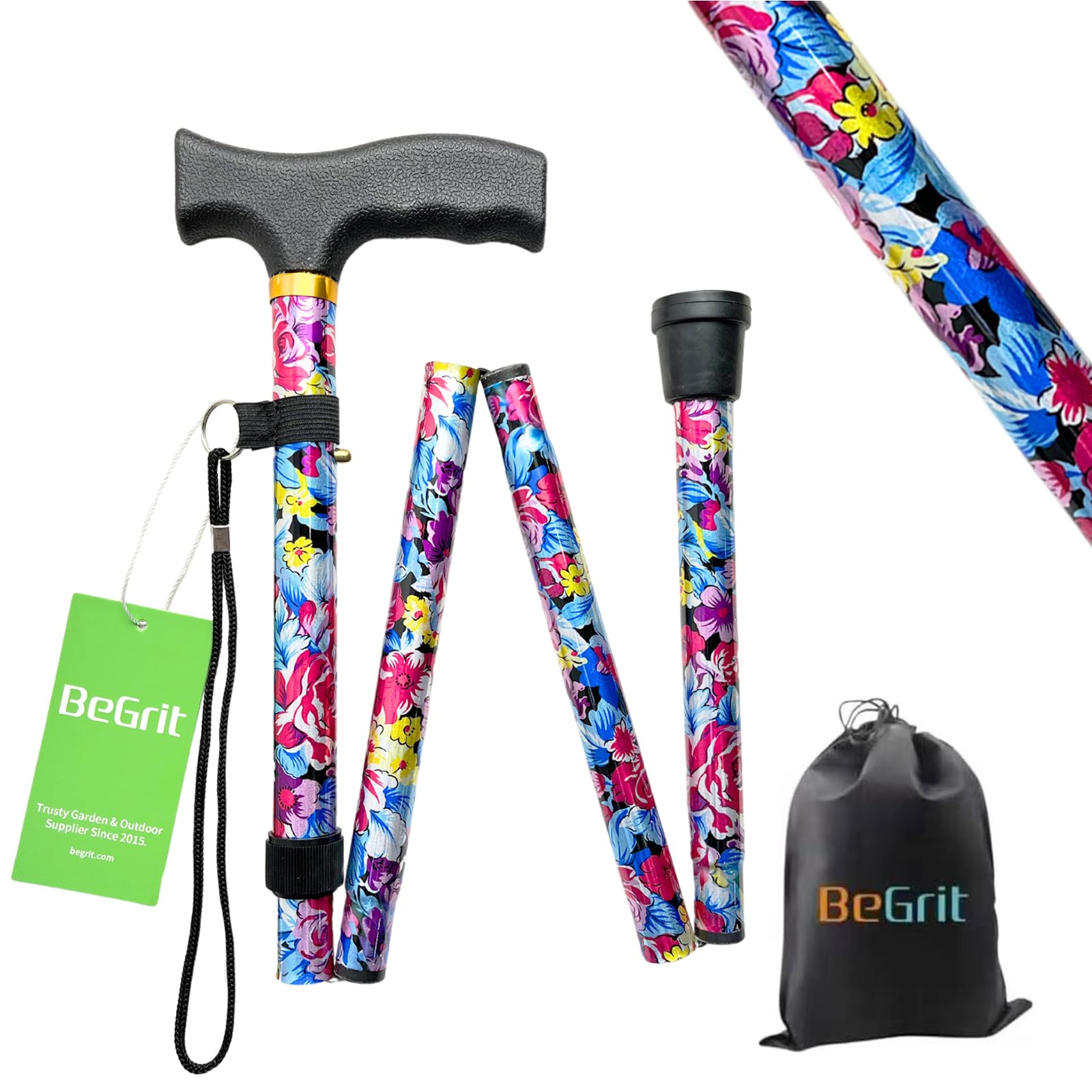 BeGrit Walking Sticks for Women Folding Walking Sticks Adjustable Walking Stick Collapsible Lightweight Flexible Stick Comfortable Grip Durable Mobility Aid for Ladies Men (Blue)