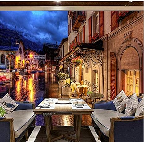 Amazon Djskhf カスタム壁紙壁画ヨーロッパスタイルのレトロアート背景の装飾コーヒーストリート夜景壁画壁画 400x280cm 壁紙