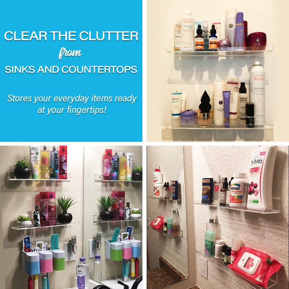 'Invisible' Bathroom Shelf Wall Mounted [2 Pack] 15 inch Clear Acrylic Shelves by Pretty Display. Extra Strong & Easy to Wall Mount: Kitchen & Dining