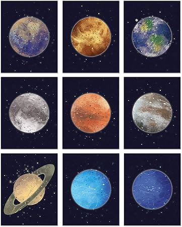 Amazon Pgbureau ポスター 9枚セット 夜空の惑星 マーキュリー 金星 月 地球 火星 ジュピター 土星 天王星 海王星 水彩アート 太陽系プリント 寝室の壁装飾 11x14 ブラック インテリア オンライン通販