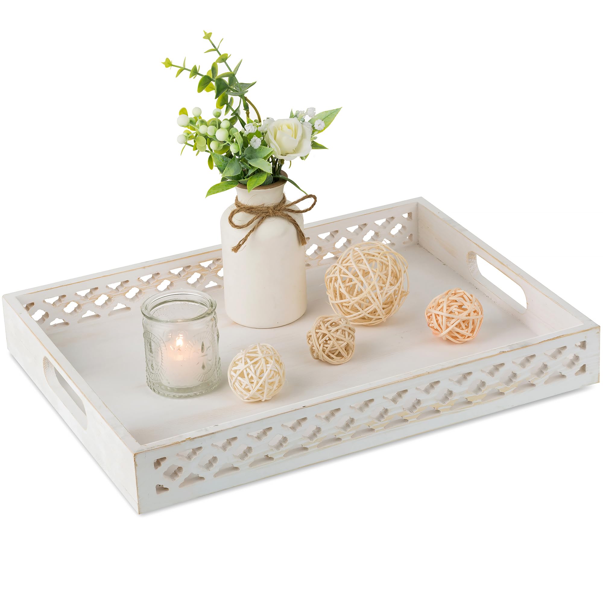 Hanobe Wooden Serving Decorative Tray: White Coffee Table Centerpiece Wood Trays with Handles for Ottoman Rectangle Large Farmhouse Home Decor, Hand Carved