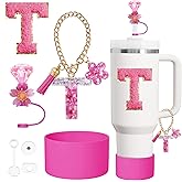 7PCS Stanley Cup Accessories Set for Stanley Cup 30oz 40oz Tumbler with Handle,Including Straw Topper Cover Cap and Boot,Spill Proof Stopper,Handle Charm,Initials Sticker (Rose pink T)