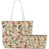 Aesthetic Floral Canvas Tote Bag Makeup Bag Set Flower Decor Gifts for Women Girls Mom Friend Bestie Vacation Travel Work Birthday Christmas Reusable Shopping Grocery Bags Travel Cosmetic Bags