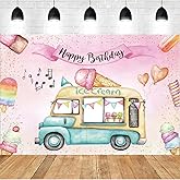 Ice Cream Truck Birthday Backdrop for Girl's Ice Cream Birthday Party Decorations Happy Birthday Party Backdrop Newborn Baby Cartoon Ice Cream Photography Backdrop Cake Table Banner,7x5feet