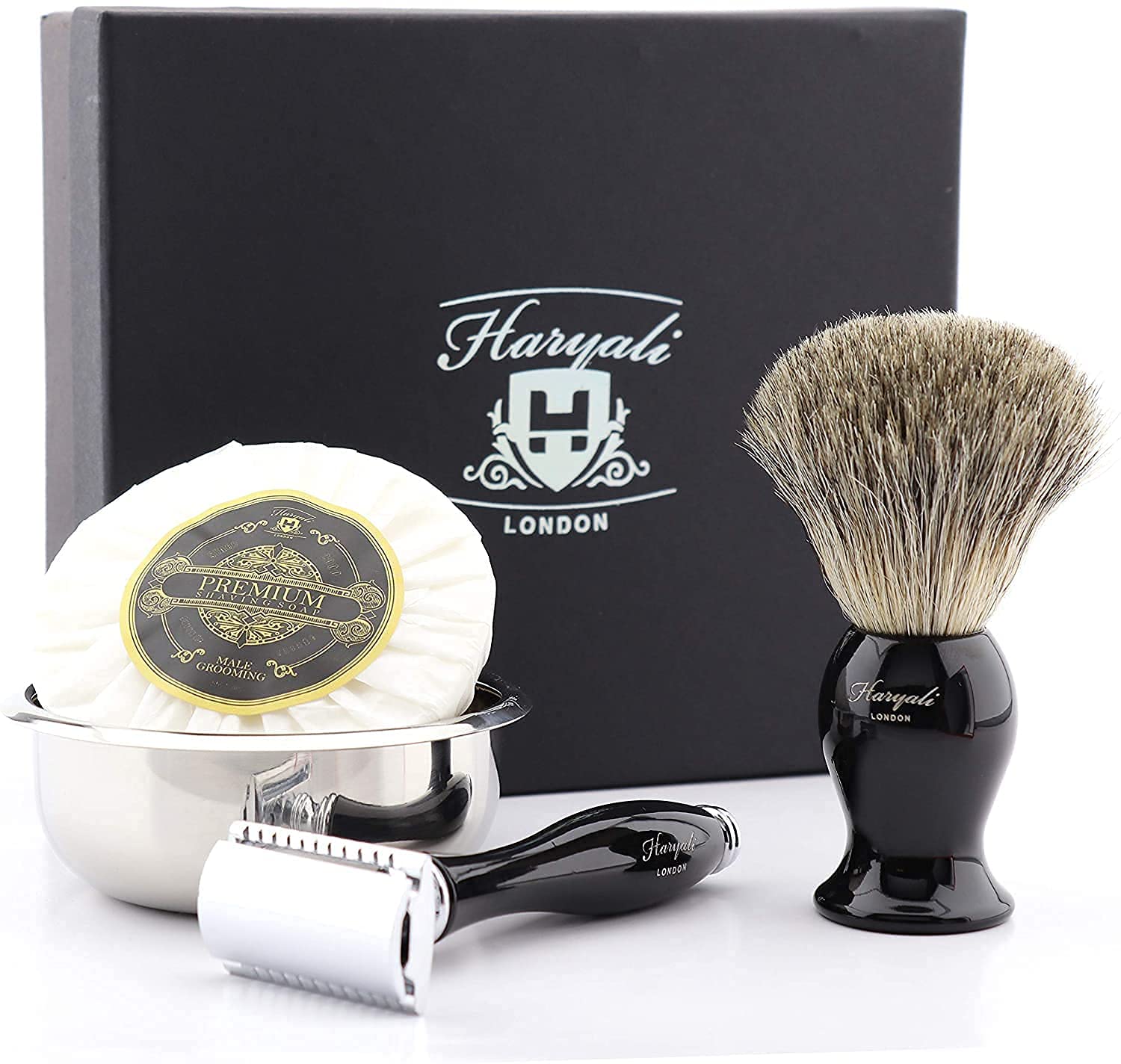 Men Shaving Kit with Double Edge Safety Razor, Badger Hair Shaving Brush, Bowl and Soap Shaving Set