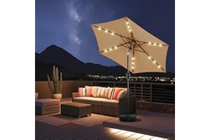 HOMSHADE 7.5ft Solar Patio Umbrella - Solar Lights LED Lighted Outdoor Market Table Umbrella, UPF50+ UV Protection with Push Button Tilt, Crank for Pool Deck and Garden (Beige)