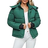 Funlingo Women's Cropped Puffer Jacket with Removable Hood Winter Zip Up Snap Button Warm Trendy Quilted Coat