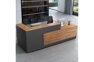 NUIPESN Modern L-Shaped Reception Desk with Hutch, Office Reception Counter Table with Lockable Drawer and Door Cabinet, Wooden Computer Front Desk (European Oak+lron Gray-Left Cabinet, 78.74" L)