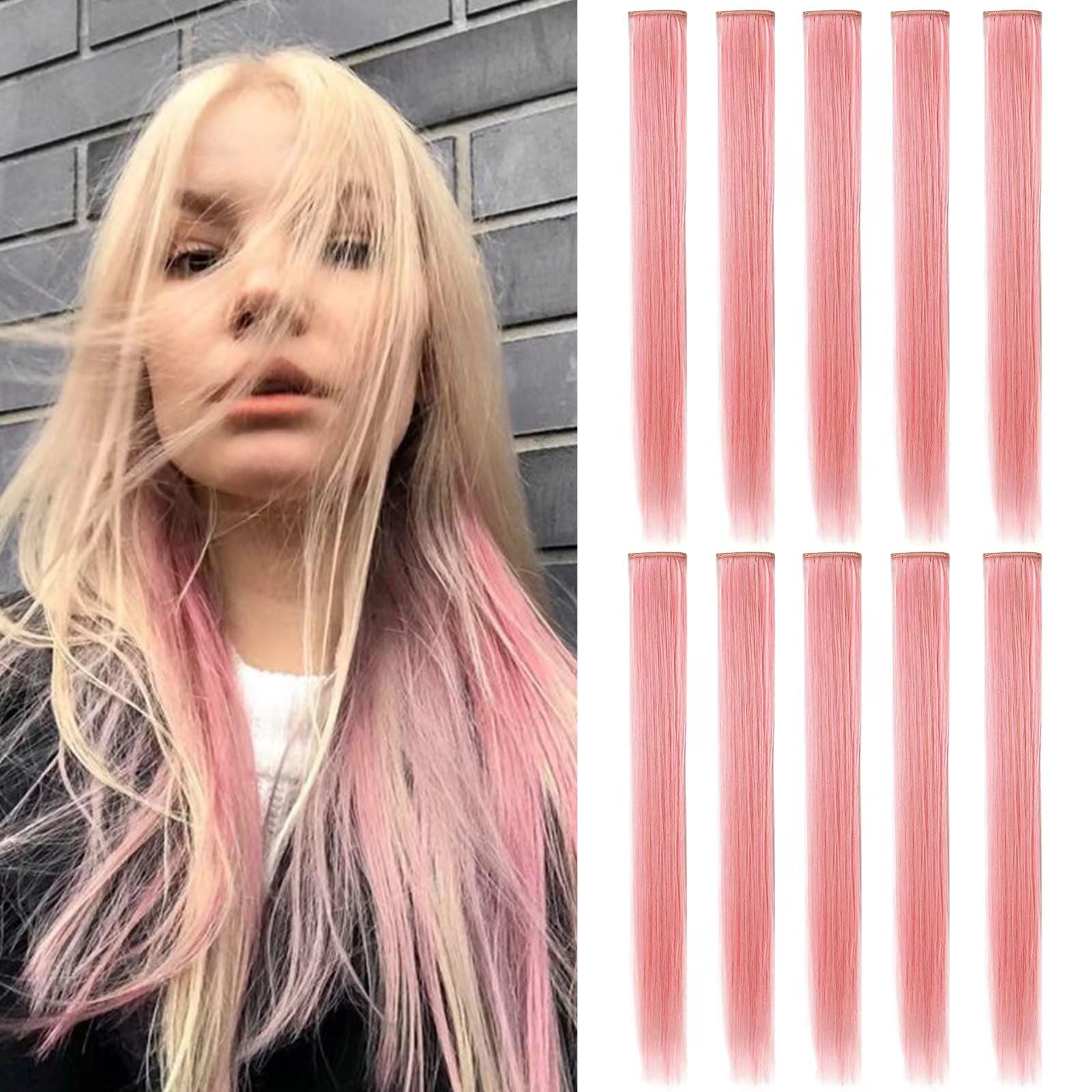 ZHAOWWEI Princess Colorful Extensions Multi-Colors Party Highlights Streak Synthetic Hairpieces Clip-In/Clip On Colored Hair Extensions(Light Pink)