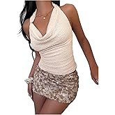 OYOANGLE Women's Textured Sleeveless Halter Top Metal Ring Linked Cowl Neck Ruched Open Back Tops