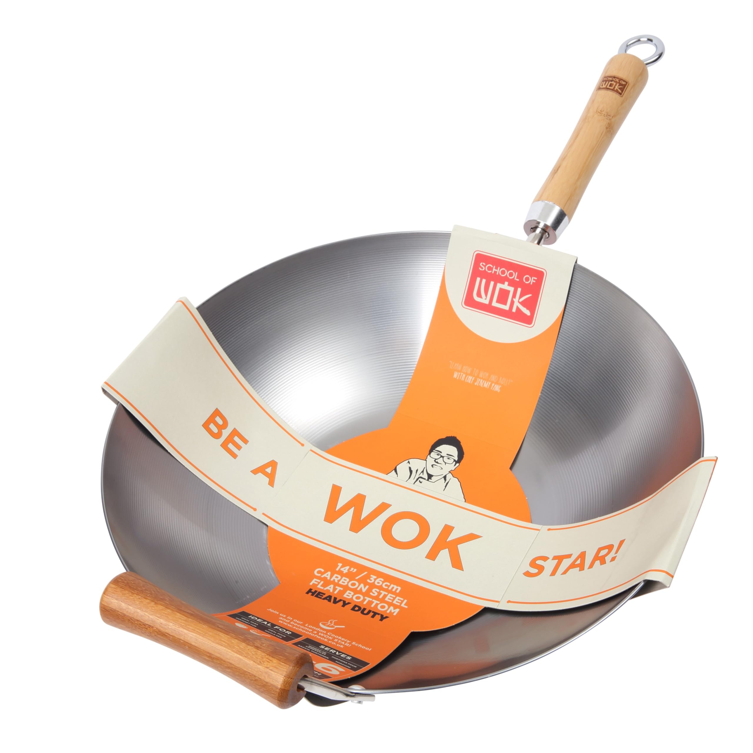School of Wok - 14"/36cm Heavy Duty Carbon Steel Wok, Flat Bottom, Bamboo Handle