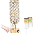 Hong-in Crystal Table Lamp, Gold Lamp for Bedroom with USBC-A+ AC Charging Ports, 3 Way Dimmable Light with Crystal Lampshade, Bedside Lamp Touch Light for Girl Room, Charge Phone (Bulb Included)