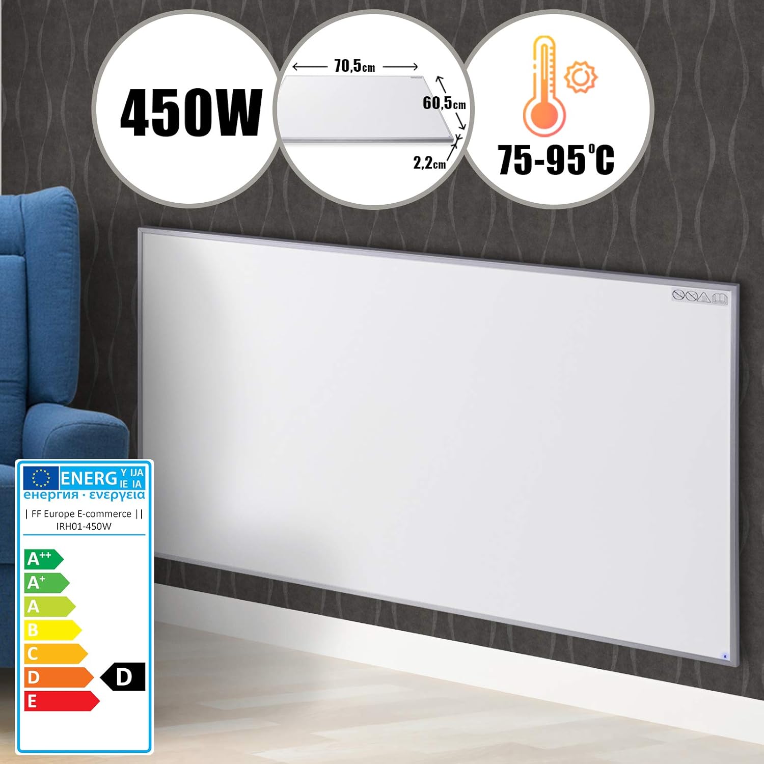 Infrarot Heizplatte - 450 W oder 580 W, ca. 90x60 oder 70x60 cm, Aluminium, 75-95 ...