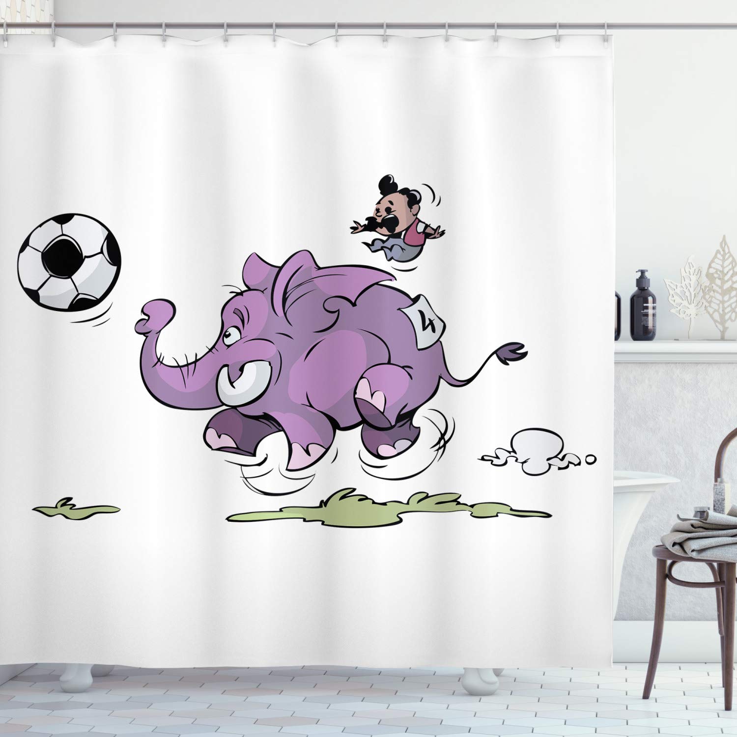 ABAKUHAUS Elephant Shower Curtain, Elephant Playing Soccer with a Kid Mario Moustache Sports Theme Football Print, Cloth Fabric Bathroom Decor Set with Hooks, 78 Inches, Purple White