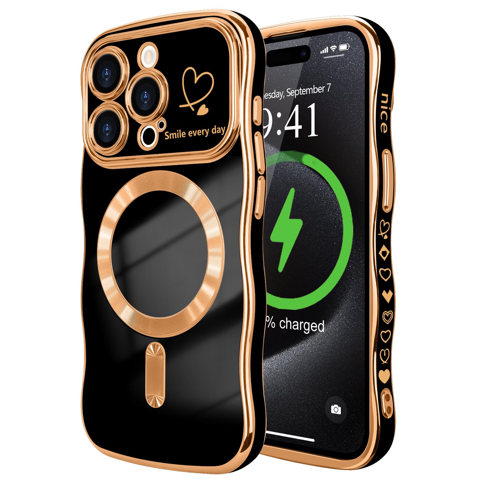 LCHULLE for iPhone 15 Pro Case for Women Girls [Compatible with MagSafe] Cute Curly Wave Shape, Magnetic Love Heart Pattern with Camera Lens Cover Luxury Plating Shockproof Phone Case, Black