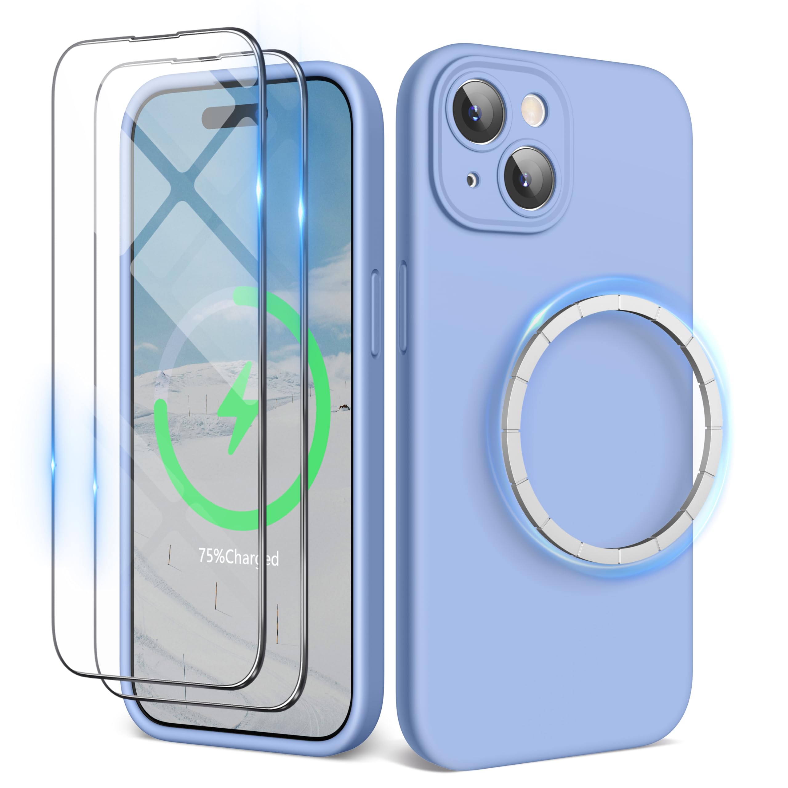 SURPHY Magnetic Case for iPhone 15 Case with Screen Protector, Liquid Silicone Anti-Scratch Compatible with MagSafe Gel Rubber Phone Case for iPhone 15 6.1 inch, Winter Blue