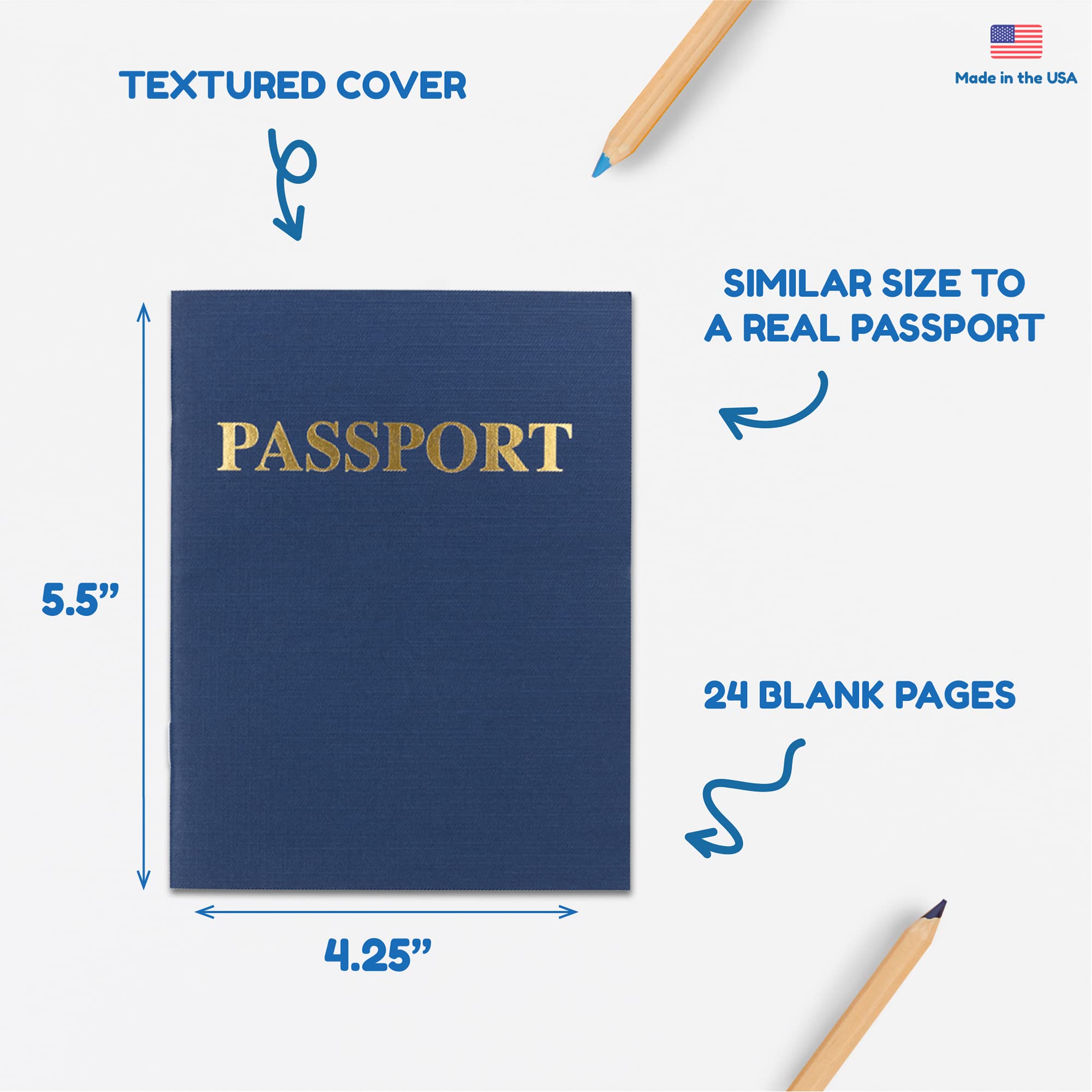 Hygloss 24 Blank Passport Books - 4.25 x 5.5-Inch - Fake Blue Passports - Travel Journal - Fun Pretend Activity for Kids - Classroom and Party Favors - Imaginary Travel - 24 Blank Pages - 24 Books